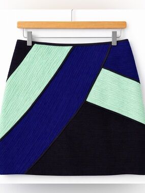 Anthro Maeve Colorblock Mini Skirt Petite 10 Blue Black Geometric Office